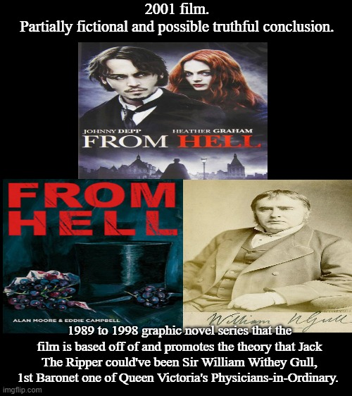 From Hell | 2001 film.
Partially fictional and possible truthful conclusion. 1989 to 1998 graphic novel series that the film is based off of and promotes the theory that Jack The Ripper could've been Sir William Withey Gull, 1st Baronet one of Queen Victoria's Physicians-in-Ordinary. | image tagged in from hell memes,from hell graphic novel memes,jack the ripper memes,google images,memes | made w/ Imgflip meme maker