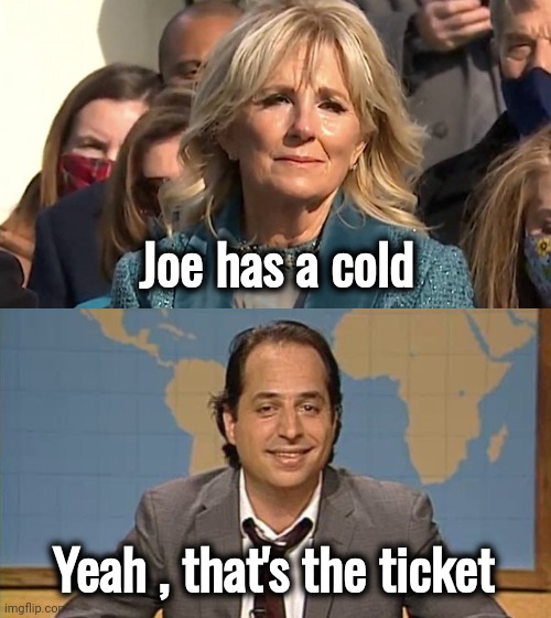 Joe has a cold Yeah , that's the ticket | image tagged in jill biden,liar that's the ticket | made w/ Imgflip meme maker