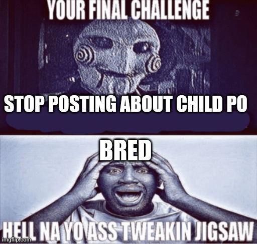 your final challenge | STOP POSTING ABOUT CHILD PO; BRED | image tagged in your final challenge | made w/ Imgflip meme maker