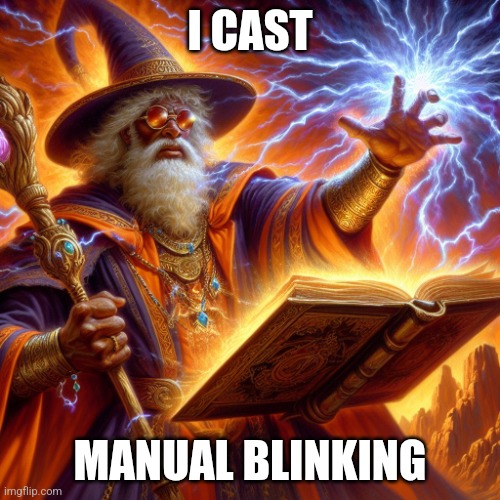 Wizard I cast | I CAST; MANUAL BLINKING | image tagged in wizard i cast | made w/ Imgflip meme maker