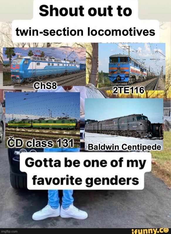 back-to-back semi-permanent coupling rules (my personal favourite is the ChS8 because it's in Trainz 12 (same with the 2TE116)) | twin-section locomotives; ChS8; 2TE116; ČD class 131; Baldwin Centipede | image tagged in gotta be one of my favorite genders,the ifunny watermark isnt mine the template came like that,trains,train memes | made w/ Imgflip meme maker