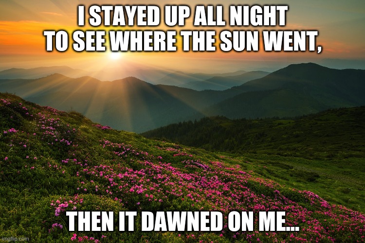 #dawn | I STAYED UP ALL NIGHT TO SEE WHERE THE SUN WENT, THEN IT DAWNED ON ME... | image tagged in puns | made w/ Imgflip meme maker