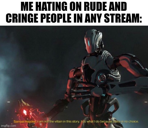 I have seen so many and it's like my 1st week here | ME HATING ON RUDE AND CRINGE PEOPLE IN ANY STREAM: | image tagged in i am not the villain in this story | made w/ Imgflip meme maker