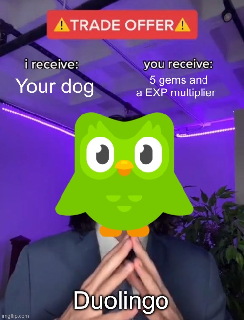 This is true? | Your dog; 5 gems and a EXP multiplier; Duolingo | image tagged in trade offer | made w/ Imgflip meme maker