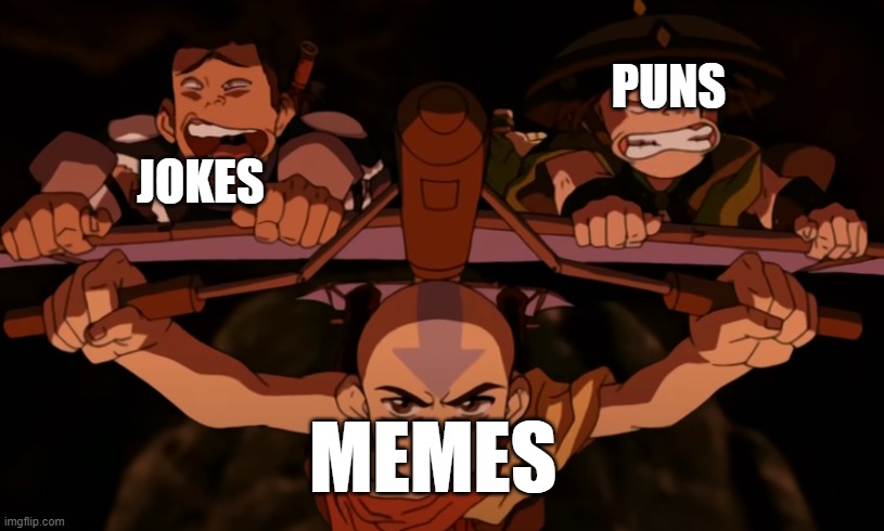 new template | PUNS; JOKES; MEMES | image tagged in toph and sokka flying on aang's glider | made w/ Imgflip meme maker