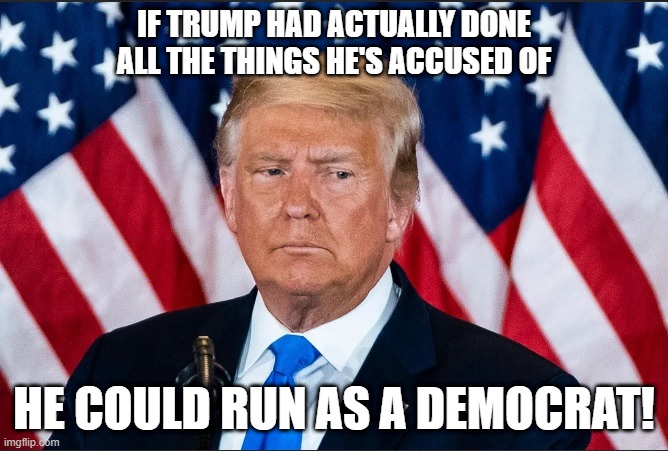 Run as a democrat | IF TRUMP HAD ACTUALLY DONE ALL THE THINGS HE'S ACCUSED OF; HE COULD RUN AS A DEMOCRAT! | image tagged in donald trump | made w/ Imgflip meme maker