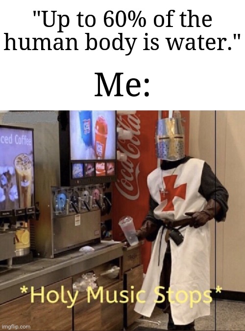 Then how come people drown in different bodies of water? | "Up to 60% of the human body is water."; Me: | image tagged in holy music stops,memes,funny,wait a minute,water,humanity | made w/ Imgflip meme maker