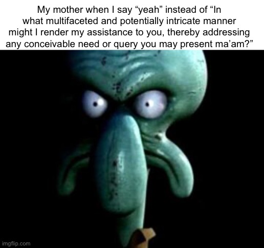 I’m not a maid | My mother when I say “yeah” instead of “In what multifaceted and potentially intricate manner might I render my assistance to you, thereby addressing any conceivable need or query you may present ma’am?” | image tagged in funny,mother,parents,artificial intelligence,squidward | made w/ Imgflip meme maker