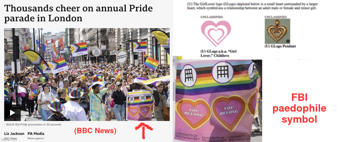 pride parade paedo symbol | FBI paedophile symbol; (BBC News) | image tagged in blank white template | made w/ Imgflip meme maker