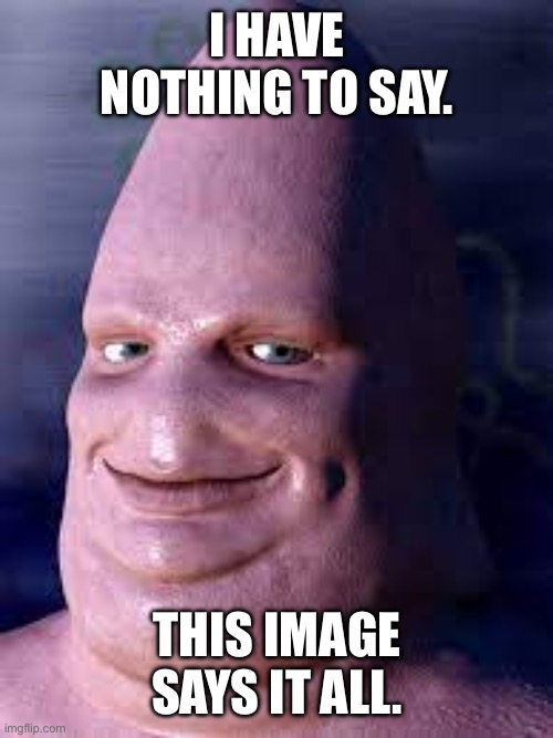 Realistic patrick star | I HAVE NOTHING TO SAY. THIS IMAGE SAYS IT ALL. | image tagged in realistic patrick star | made w/ Imgflip meme maker