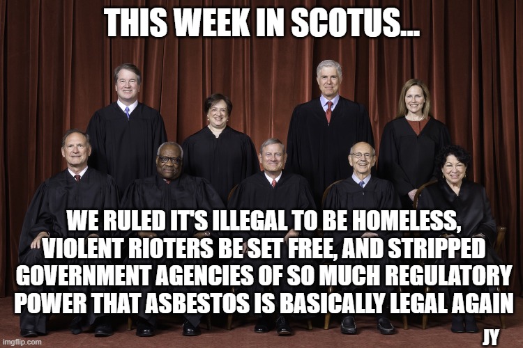 Republicans are Corpo Sheep | THIS WEEK IN SCOTUS... WE RULED IT'S ILLEGAL TO BE HOMELESS, VIOLENT RIOTERS BE SET FREE, AND STRIPPED GOVERNMENT AGENCIES OF SO MUCH REGULATORY POWER THAT ASBESTOS IS BASICALLY LEGAL AGAIN; JY | image tagged in scotus supreme court 2022 | made w/ Imgflip meme maker