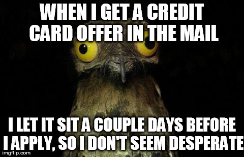 Weird Stuff I Do Potoo Meme | WHEN I GET A CREDIT CARD OFFER IN THE MAIL I LET IT SIT A COUPLE DAYS BEFORE I APPLY, SO I DON'T SEEM DESPERATE | image tagged in memes,weird stuff i do potoo,AdviceAnimals | made w/ Imgflip meme maker