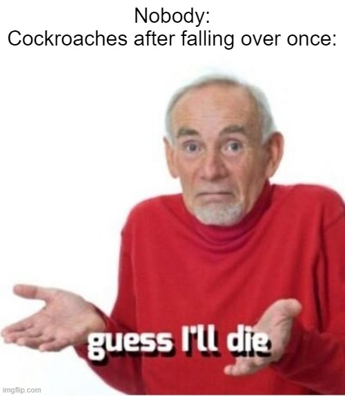 They lie on their backs, kick a bit, and die. | Nobody:
Cockroaches after falling over once: | image tagged in guess i'll die,cockroach,memes,die,this is a tag,very cool tag goes here | made w/ Imgflip meme maker