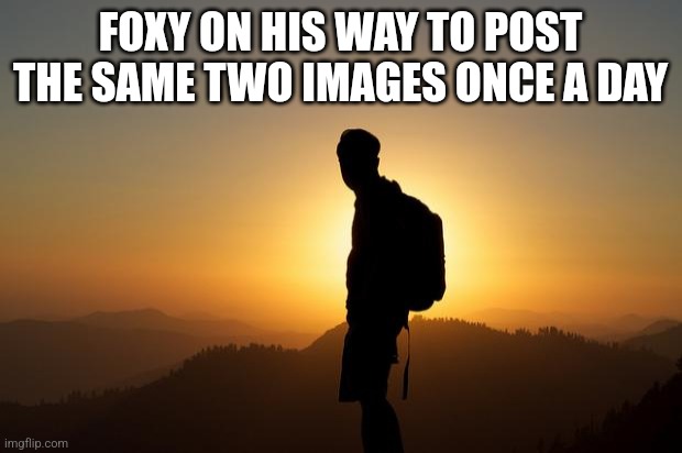 Traveler on a Pilgrm Journey | FOXY ON HIS WAY TO POST THE SAME TWO IMAGES ONCE A DAY | image tagged in traveler on a pilgrm journey | made w/ Imgflip meme maker