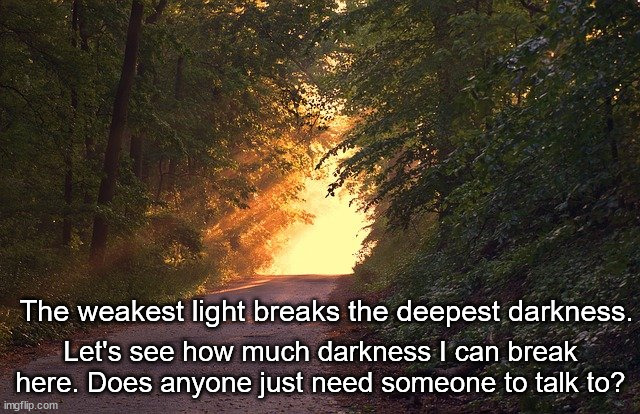 I can offer uplifting words, encouragement, advise, or even just verbally slap you to snap you out of it if that's what you want | Let's see how much darkness I can break here. Does anyone just need someone to talk to? The weakest light breaks the deepest darkness. | image tagged in sunlit forest path,psychiatrist,the doctor is in,i am the one who knocks | made w/ Imgflip meme maker