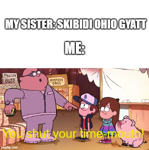 Why do these words exist? | MY SISTER: SKIBIDI OHIO GYATT; ME:; You shut your time-mouth! | image tagged in blendin blenjaman blandin | made w/ Imgflip meme maker