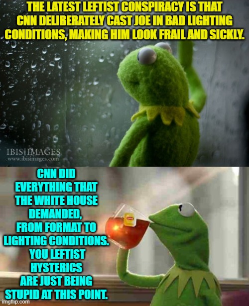 Wow!  Talk about the unhinged Left! | THE LATEST LEFTIST CONSPIRACY IS THAT CNN DELIBERATELY CAST JOE IN BAD LIGHTING CONDITIONS, MAKING HIM LOOK FRAIL AND SICKLY. CNN DID EVERYTHING THAT THE WHITE HOUSE DEMANDED,  FROM FORMAT TO LIGHTING CONDITIONS.  YOU LEFTIST HYSTERICS ARE JUST BEING STUPID AT THIS POINT. | image tagged in kermit window | made w/ Imgflip meme maker