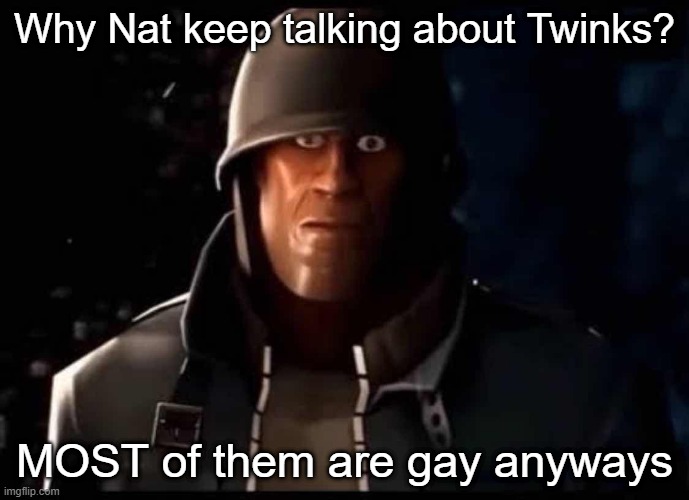 It means a young, attractive gay or bisexual man with a slim, boyish appearance. | Why Nat keep talking about Twinks? MOST of them are gay anyways | image tagged in soldier thousand yard stare | made w/ Imgflip meme maker
