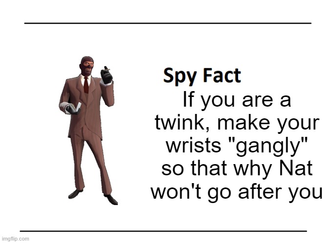 BRO MY WRISTS BE ONLY SKIN AND BONES ☠️☠️☠️ | If you are a twink, make your wrists "gangly" so that why Nat won't go after you | image tagged in spy fact | made w/ Imgflip meme maker