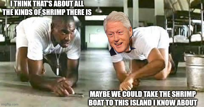 bubba gump shrimp | I THINK THAT'S ABOUT ALL THE KINDS OF SHRIMP THERE IS MAYBE WE COULD TAKE THE SHRIMP BOAT TO THIS ISLAND I KNOW ABOUT | image tagged in bubba gump shrimp | made w/ Imgflip meme maker