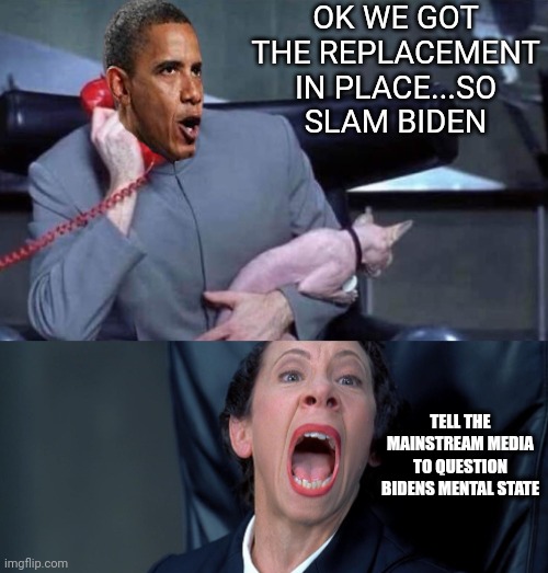 Can't run a government.....but a masters of political gamesmanship | OK WE GOT THE REPLACEMENT IN PLACE...SO SLAM BIDEN; TELL THE MAINSTREAM MEDIA TO QUESTION BIDENS MENTAL STATE | image tagged in dr evil and frau | made w/ Imgflip meme maker