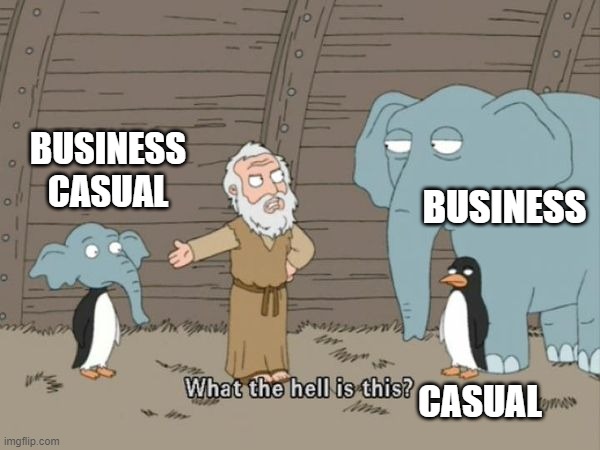 What the hell is this? | BUSINESS CASUAL; BUSINESS; CASUAL | image tagged in what the hell is this | made w/ Imgflip meme maker