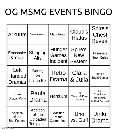 og msmg events bingo | image tagged in og msmg events bingo | made w/ Imgflip meme maker