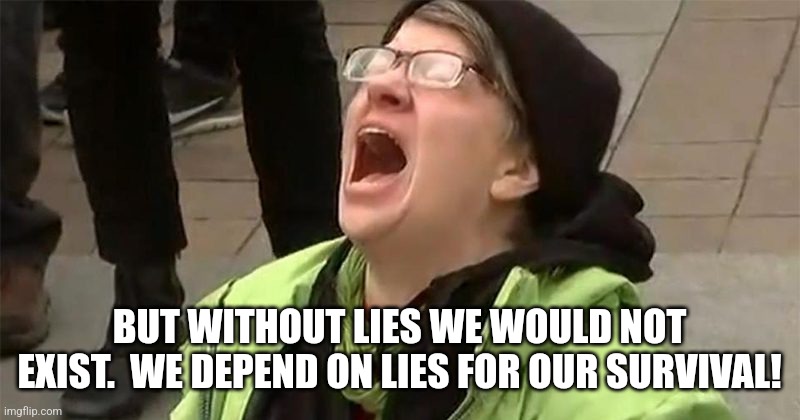 crying liberal | BUT WITHOUT LIES WE WOULD NOT EXIST.  WE DEPEND ON LIES FOR OUR SURVIVAL! | image tagged in crying liberal | made w/ Imgflip meme maker