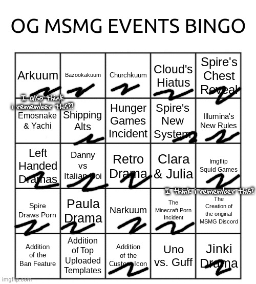 Some of the sound vaguely familiar but i also remember the switch panties thing | I also think i remember this?? I think i remember this? | image tagged in og msmg events bingo | made w/ Imgflip meme maker