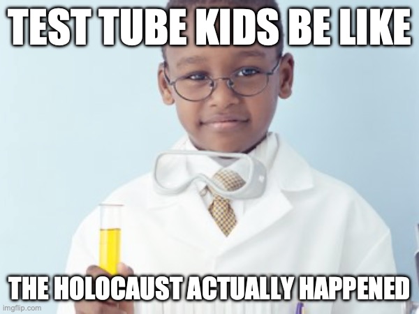 Test Tube Kids Be Like | TEST TUBE KIDS BE LIKE; THE HOLOCAUST ACTUALLY HAPPENED | image tagged in test tube kids,genetic engineering,genetics,genetics humor,science,test tube humor | made w/ Imgflip meme maker