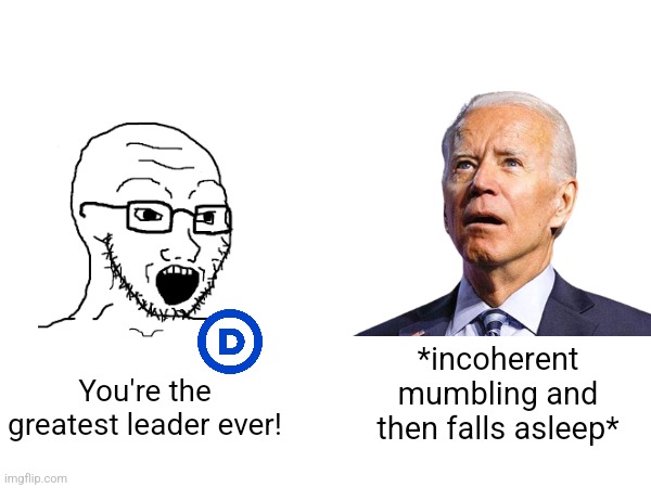 Biden voters are so delusional and in denial, they will never admit how unfit he is | *incoherent mumbling and then falls asleep*; You're the greatest leader ever! | image tagged in democrats,joe biden,stupid liberals,election | made w/ Imgflip meme maker