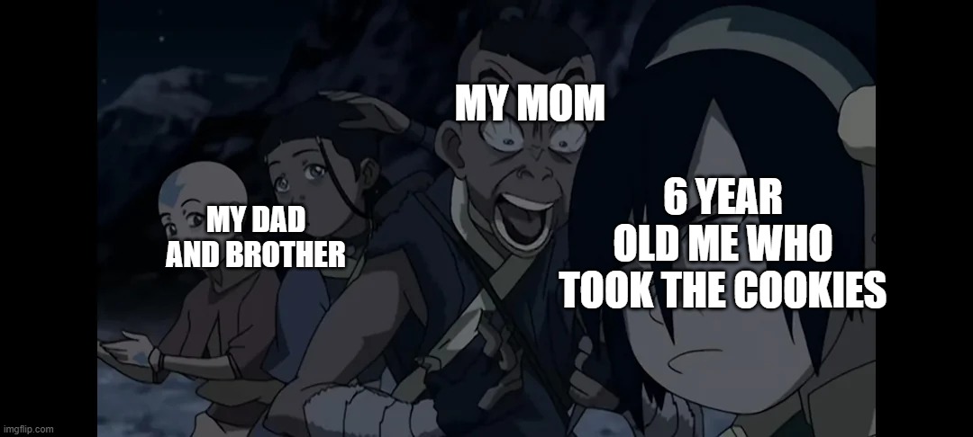 sokka screaming at toph | 6 YEAR OLD ME WHO TOOK THE COOKIES; MY MOM; MY DAD AND BROTHER | image tagged in sokka screaming at toph | made w/ Imgflip meme maker