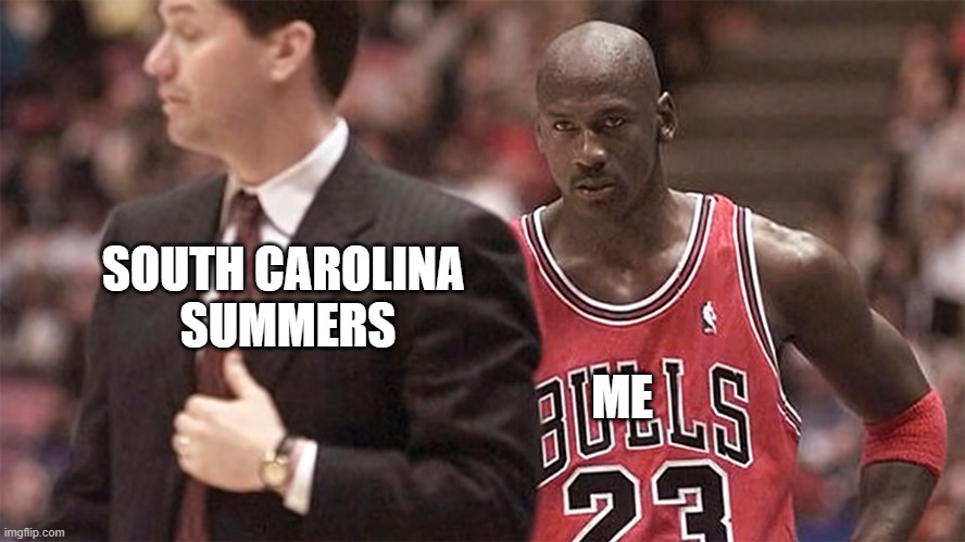 South Carolina Summers | SOUTH CAROLINA 
SUMMERS; ME | image tagged in michael jordan death stare,south carolina,summer | made w/ Imgflip meme maker