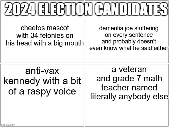 4 presidential candidates for another 4 years of america which one you picking? | 2024 ELECTION CANDIDATES; cheetos mascot with 34 felonies on his head with a big mouth; dementia joe stuttering on every sentence and probably doesn't even know what he said either; a veteran and grade 7 math teacher named literally anybody else; anti-vax kennedy with a bit of a raspy voice | image tagged in memes,blank comic panel 2x2,election 2024,politics,presidential candidates | made w/ Imgflip meme maker