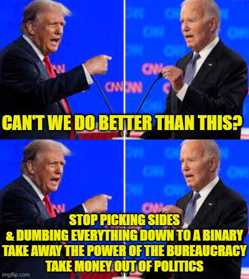 Stop pissing you vote away! | CAN'T WE DO BETTER THAN THIS? STOP PICKING SIDES
& DUMBING EVERYTHING DOWN TO A BINARY
TAKE AWAY THE POWER OF THE BUREAUCRACY
TAKE MONEY OUT OF POLITICS | image tagged in democracy | made w/ Imgflip meme maker