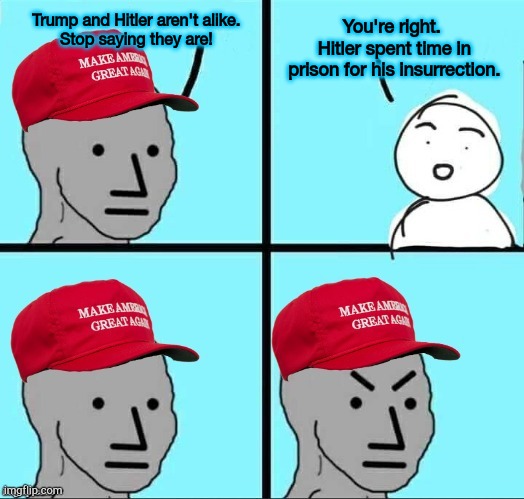 A failed putsch is still a putsch. | You're right.  Hitler spent time in prison for his insurrection. Trump and Hitler aren't alike.
Stop saying they are! | image tagged in maga npc an an0nym0us template | made w/ Imgflip meme maker