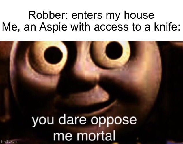 I would do this, but I do not represent all Aspies, or ASD-diagnosed people. | Robber: enters my house
Me, an Aspie with access to a knife: | image tagged in you dare oppose me mortal | made w/ Imgflip meme maker