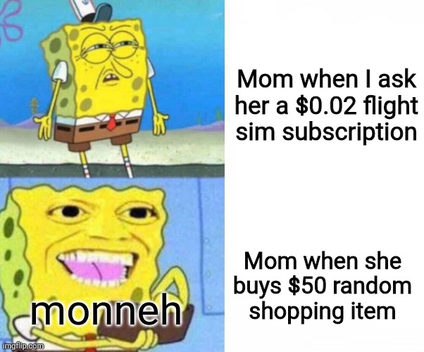 Like literally! | Mom when I ask her a $0.02 flight sim subscription; Mom when she buys $50 random shopping item; monneh | image tagged in sponge bob wallet,memes,mom,bruh,bruh moment | made w/ Imgflip meme maker