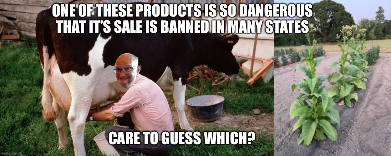 ONE OF THESE PRODUCTS IS SO DANGEROUS THAT IT’S SALE IS BANNED IN MANY STATES; CARE TO GUESS WHICH? | image tagged in milking the cow | made w/ Imgflip meme maker