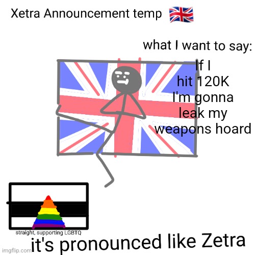 Xetra announcement temp | If I hit 120K I'm gonna leak my weapons hoard | image tagged in xetra announcement temp | made w/ Imgflip meme maker
