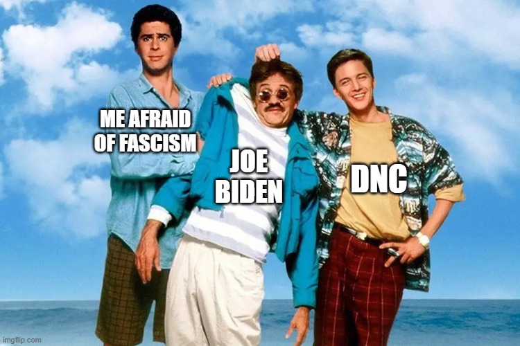 Weekend at Biden's | ME AFRAID OF FASCISM; JOE BIDEN; DNC | image tagged in weekend | made w/ Imgflip meme maker