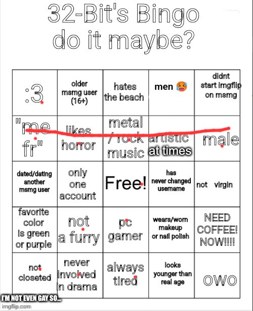 32's Bingo | at times; I’M NOT EVEN GAY SO… | image tagged in 32's bingo | made w/ Imgflip meme maker