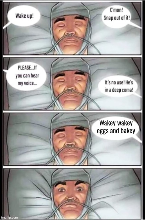 How tf did I come up with this wtf | Wakey wakey eggs and bakey | image tagged in coma | made w/ Imgflip meme maker