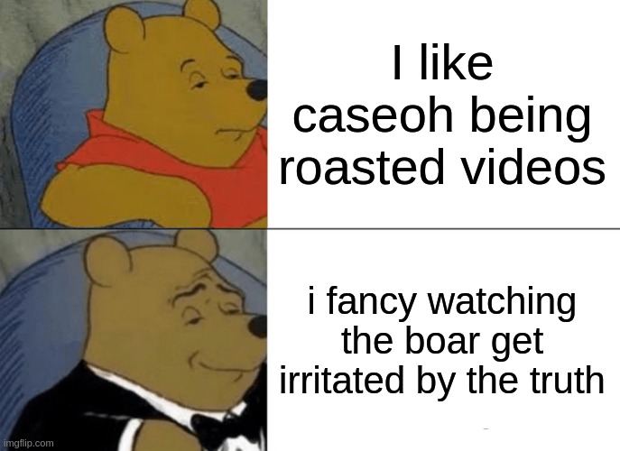 Tuxedo Winnie The Pooh Meme | I like caseoh being roasted videos; i fancy watching the boar get irritated by the truth | image tagged in memes,tuxedo winnie the pooh | made w/ Imgflip meme maker