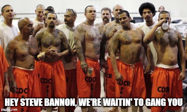 Steve's Buddies | HEY STEVE BANNON, WE'RE WAITIN' TO GANG YOU | image tagged in prison | made w/ Imgflip meme maker