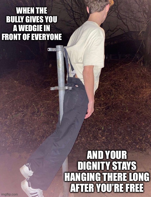 Wedgie = -1578964346784 aura | WHEN THE BULLY GIVES YOU A WEDGIE IN FRONT OF EVERYONE; AND YOUR DIGNITY STAYS HANGING THERE LONG AFTER YOU’RE FREE | image tagged in wedgie,aura,meme,bullying,funny,hanging out | made w/ Imgflip meme maker