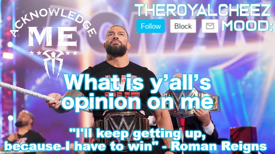 Cheez's Roman Reigns Temp V3 | What is y’all’s opinion on me | image tagged in cheez's roman reigns temp v3 | made w/ Imgflip meme maker