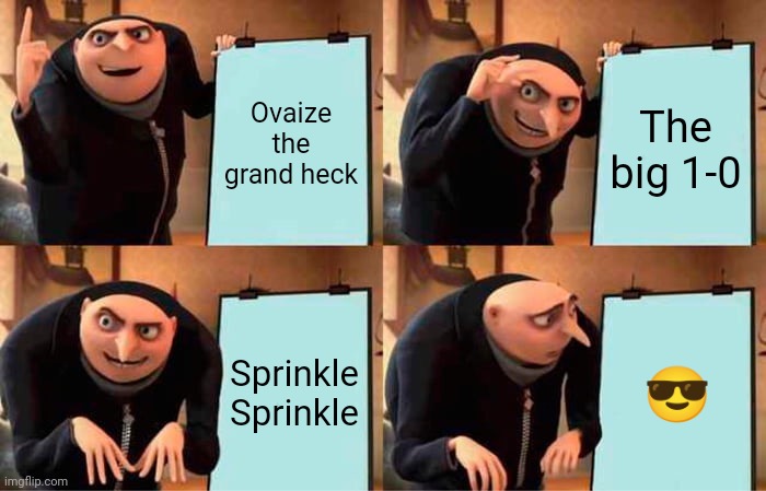 Gru plans to get on front cover | Ovaize the grand heck; The big 1-0; Sprinkle Sprinkle; 😎 | image tagged in memes,gru's plan,fun | made w/ Imgflip meme maker