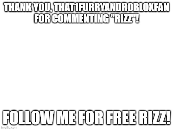 THANK YOU, THAT1FURRYANDROBLOXFAN FOR COMMENTING "RIZZ"! FOLLOW ME FOR FREE RIZZ! | image tagged in rizz | made w/ Imgflip meme maker