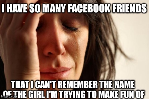 First World Problems | I HAVE SO MANY FACEBOOK FRIENDS THAT I CAN'T REMEMBER THE NAME OF THE GIRL I'M TRYING TO MAKE FUN OF | image tagged in memes,first world problems,AdviceAnimals | made w/ Imgflip meme maker